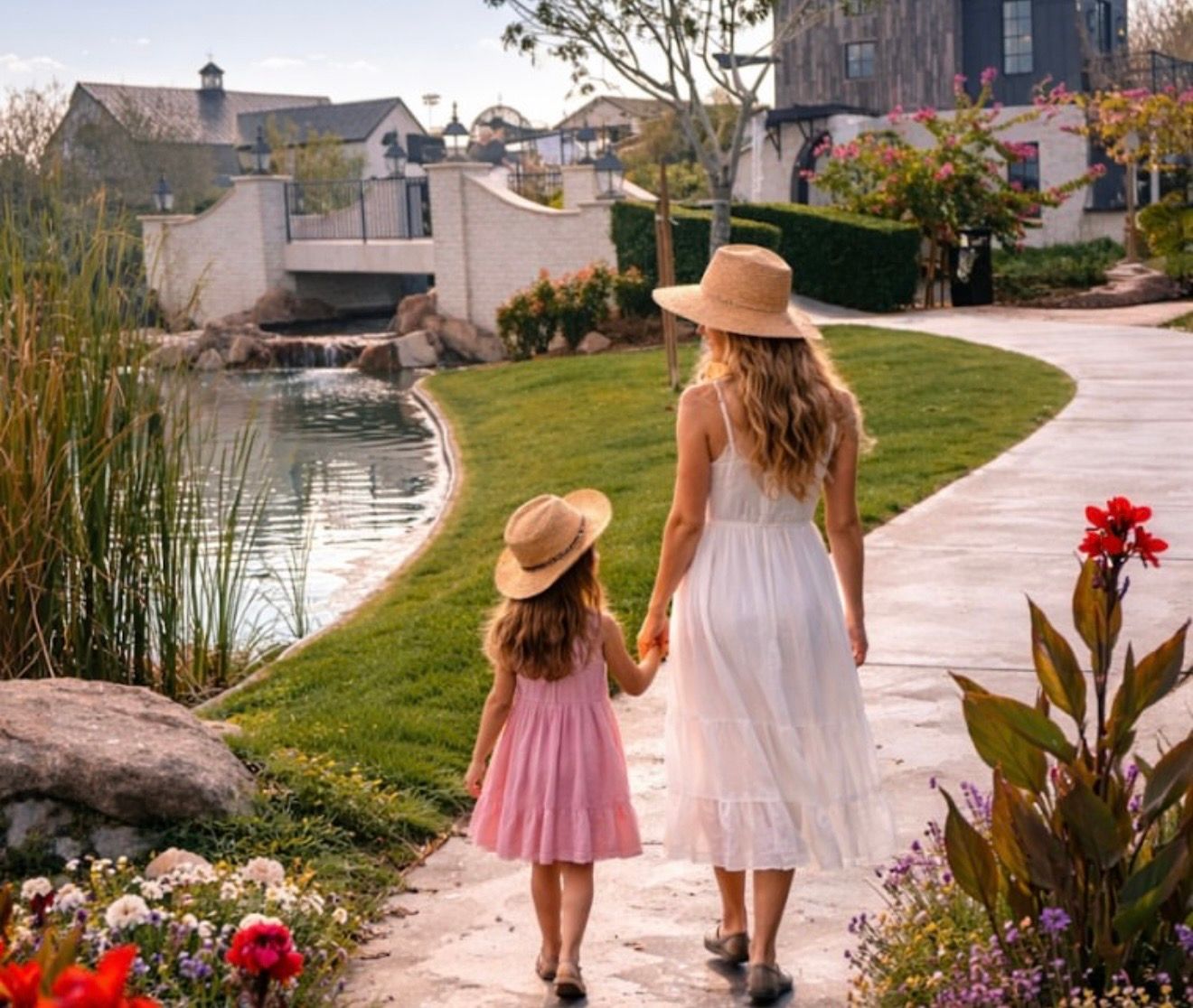 Two visitors walking the path beside the water, flower beds along the verge